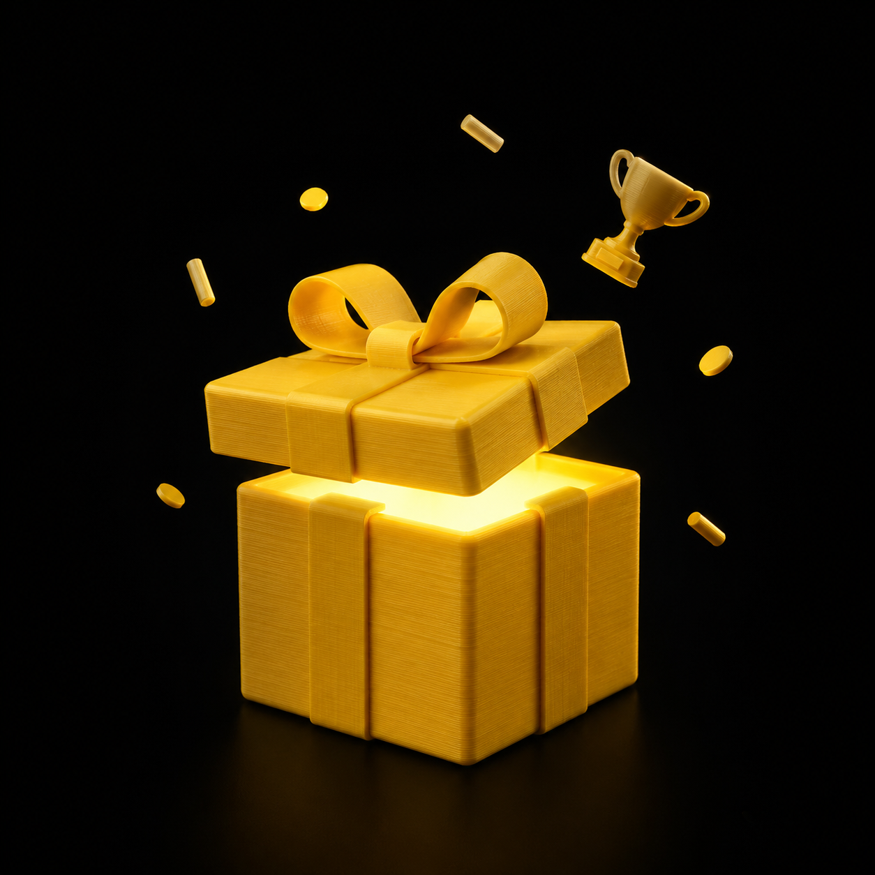 3D-gedruckte goldene Geschenkbox mit Pokal und Konfetti - embeeLAB Gewinnspiel