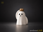 Obake Halloween-Geist in Weiß mit karamellfarbenem Kürbis auf dem Kopf, Frontansicht