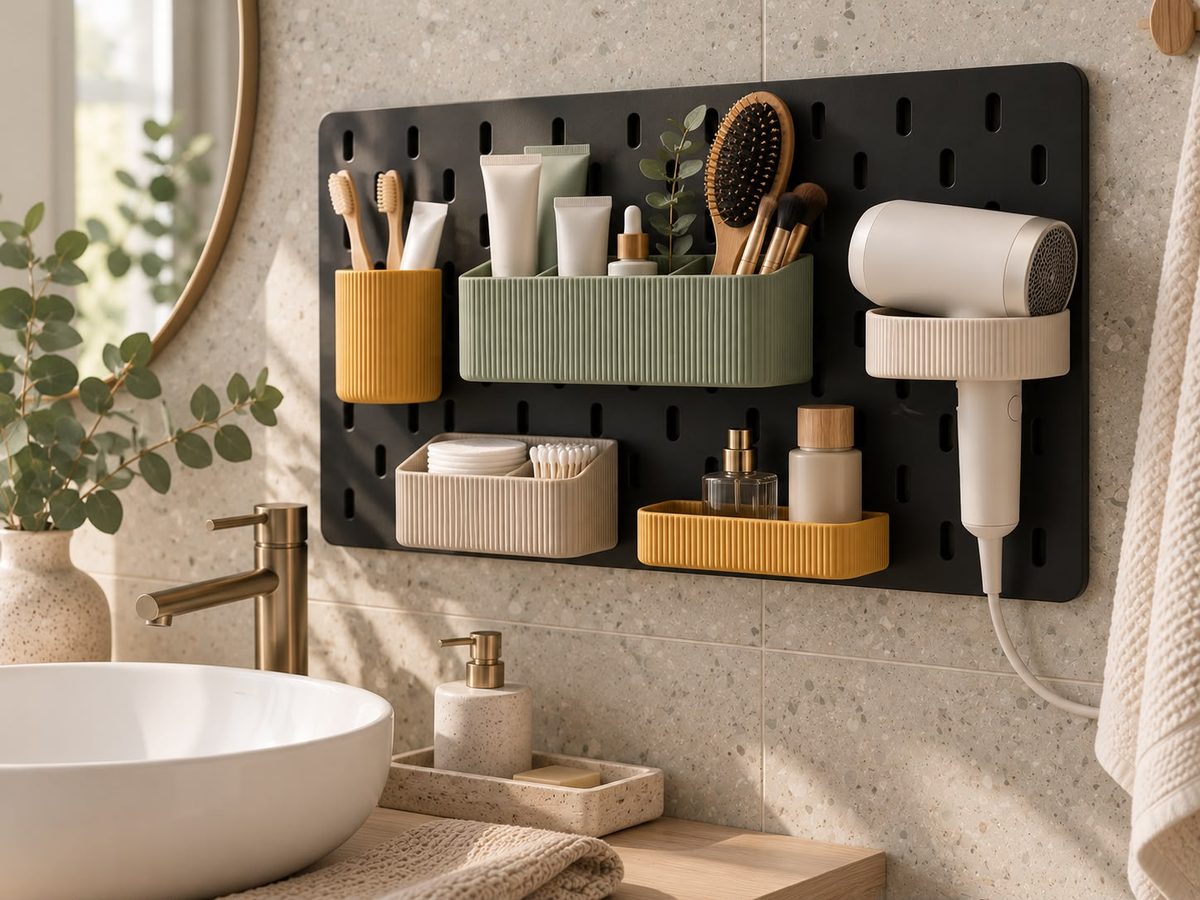 Badezimmer: Lochplatte (z. B. IKEA SKÅDIS) mit Zubehör von embeeLAB (KI-generiertes Bild)