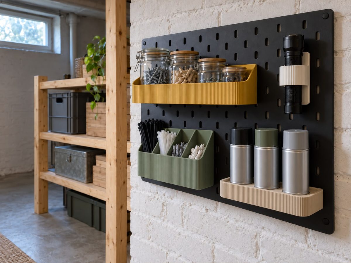 Keller: Lochplatte (z. B. IKEA SKÅDIS) mit Zubehör von embeeLAB (KI-generiertes Bild)