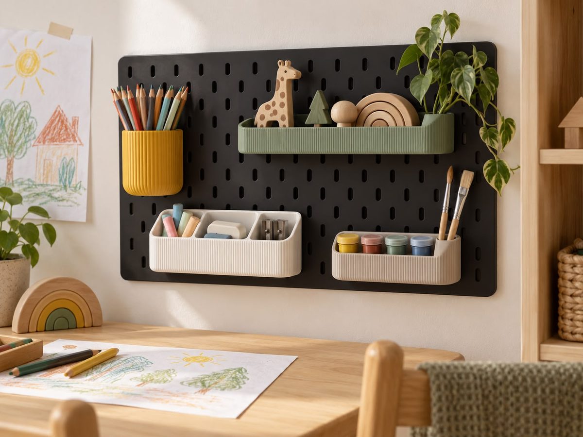 Kinderzimmer: Lochplatte (z. B. IKEA SKÅDIS) mit Zubehör von embeeLAB (KI-generiertes Bild)