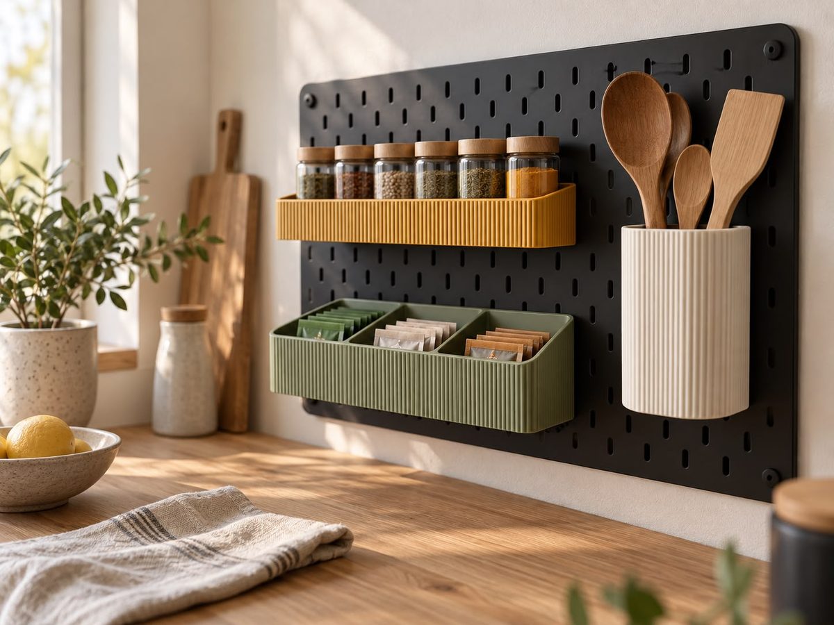 Küche: Lochplatte (z. B. IKEA SKÅDIS) mit Zubehör von embeeLAB (KI-generiertes Bild)