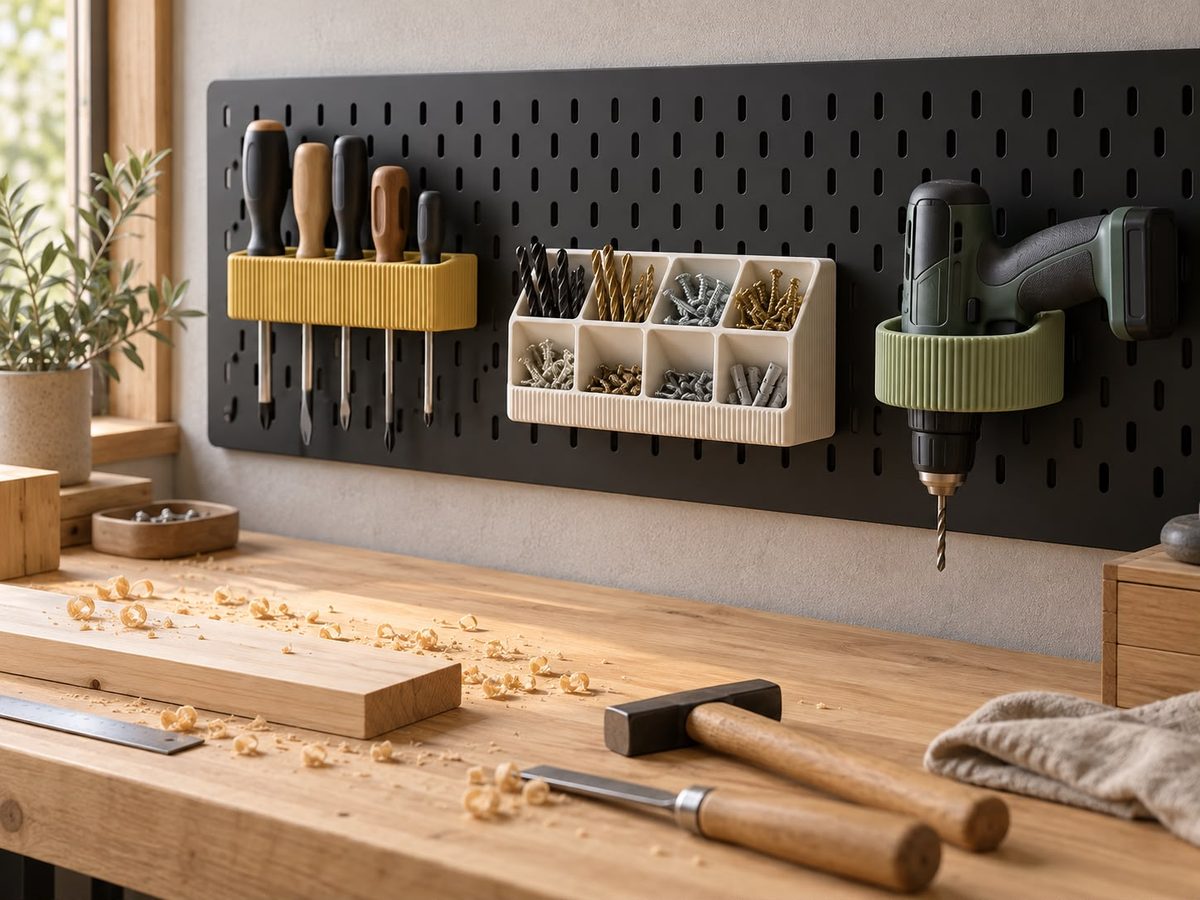 Werkstatt: Lochplatte (z. B. IKEA SKÅDIS) mit Zubehör von embeeLAB (KI-generiertes Bild)
